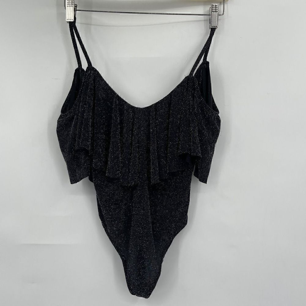 Show Me Your Mumu Black Tara Dancing Queen Ruffle Shimmer Bodysuit Size XS